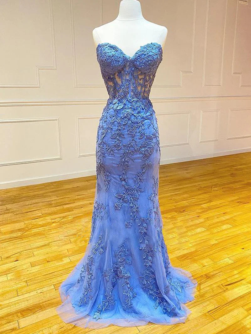 Cute Mermaid Sweetheart Light Blue Lace Long Prom Dresses