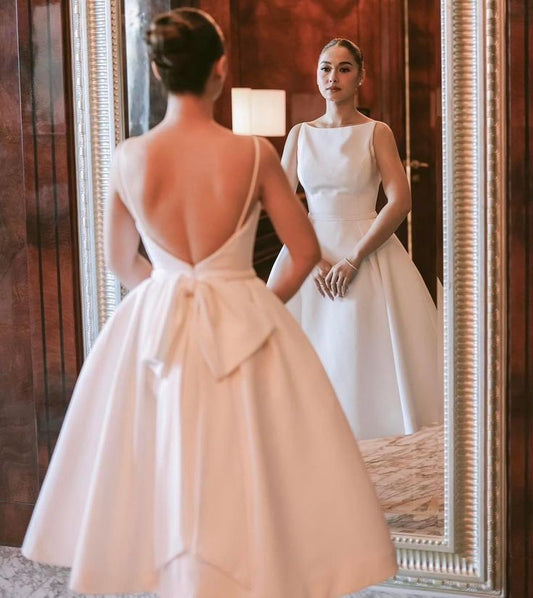 Simple White Backless Wedding Dress Evening Party Dress