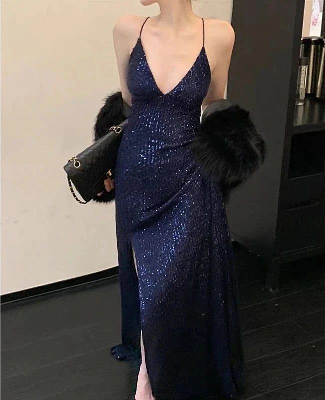 Womens Navy Sequined Slitted Spaghetti Strap V Neck Full-Length Formal Gown Dress