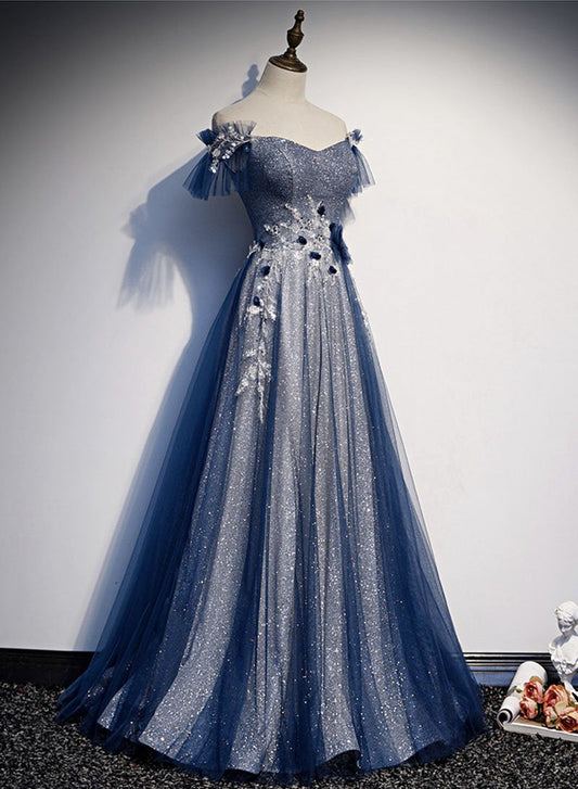 Navy Blue tulle long prom dress blue evening dress