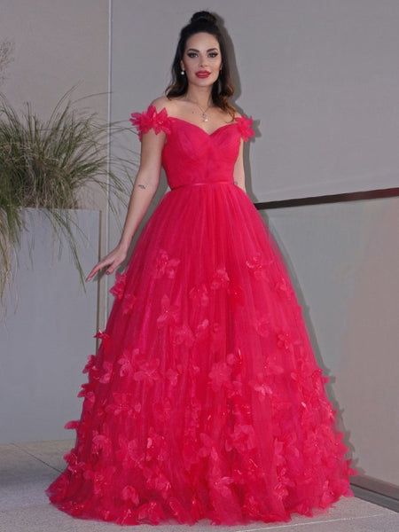 LTP1762,A-Line/Elegant Tulle Hand-Made Flower Off-the-Shoulder Sleeveless Floor-Length Prom Dresses