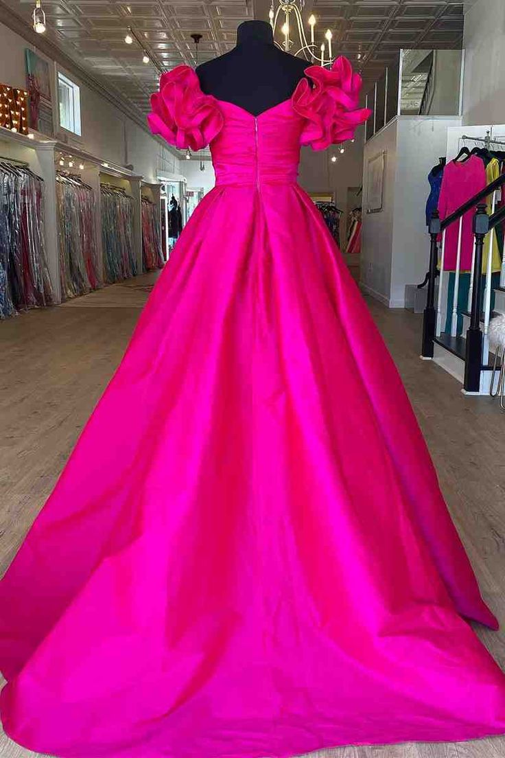 Flower Sleeves A-Line Hot Pink Evening Party Dress, Blue Long Satin Prom Dress 2024