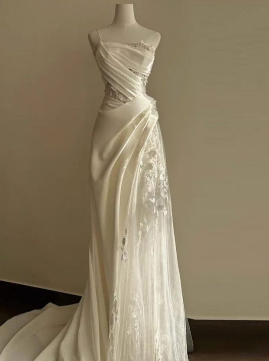 A Line White Birthday Party Dress Lace Wedding Dress