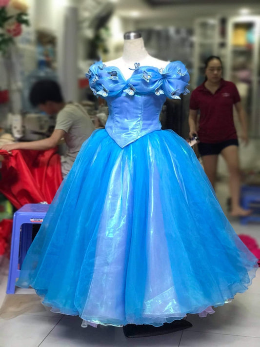 Cap Sleeve Ball Gown Blue Cinderella Dress Organza Birthday Dress