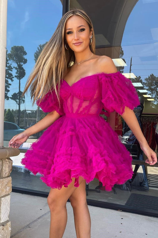 Hot Pink A-Line Tulle Homecoming Dress With Ruffles
