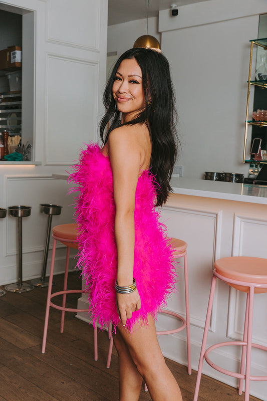 Hot Pink Feather Sleeveless Homecoming Dress