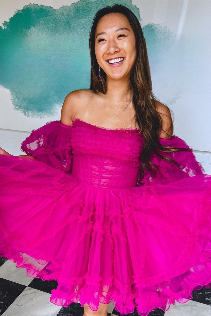 Hot Pink A-Line Tulle Homecoming Dress With Ruffles