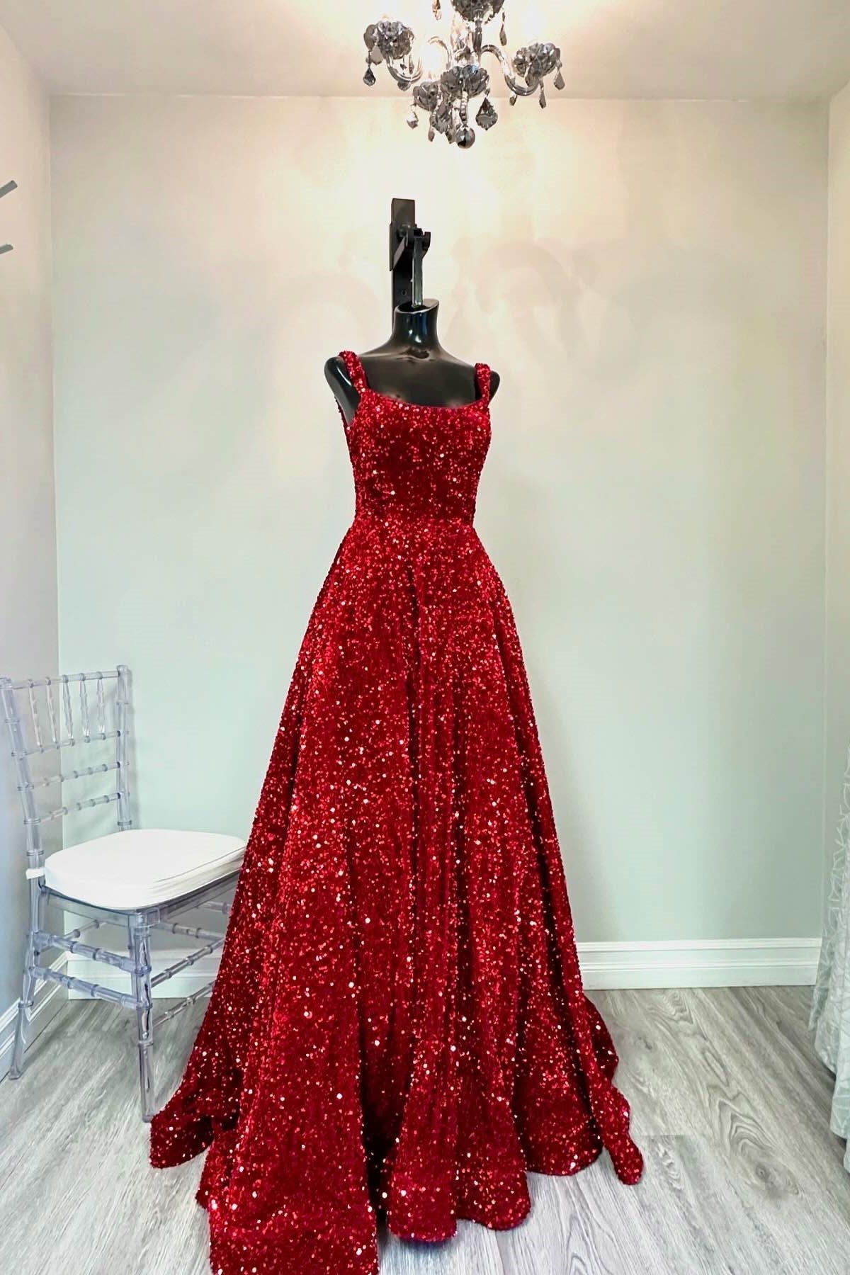 Red Sequin Square Neck A-line Prom Dress