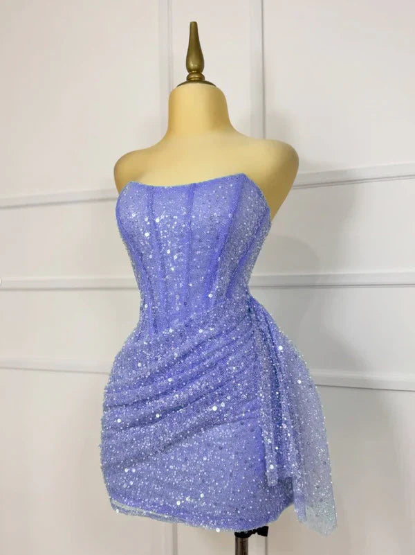 Glitter Strapless Bodycon Homecoming Dresses Pleated Cocktail Dress, LTP3782