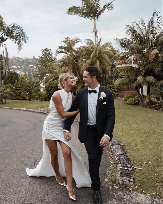 High Neck Ivory Wedding Dresses with Side Slit
