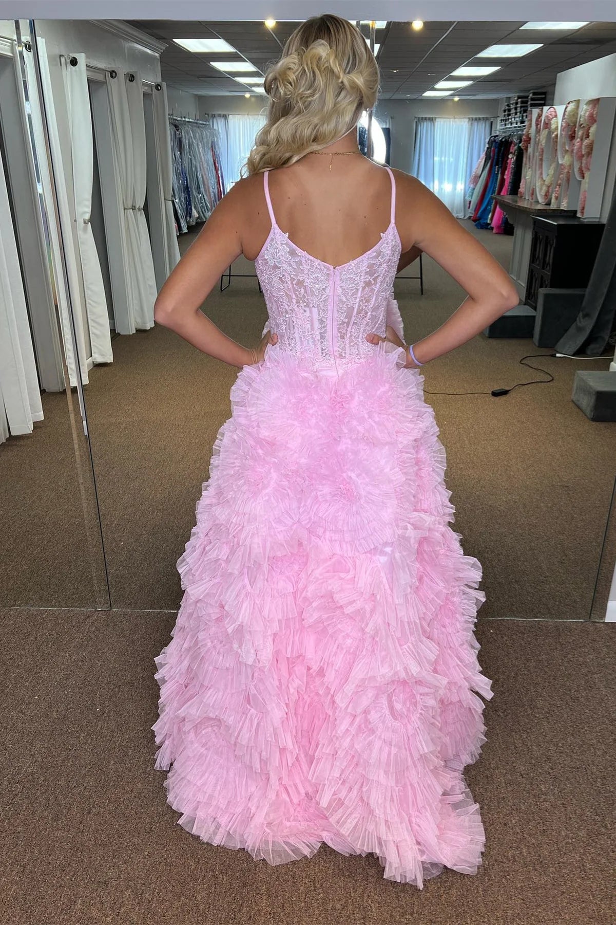 Plunging V-Neck Tulle Pink Evening Prom Dress