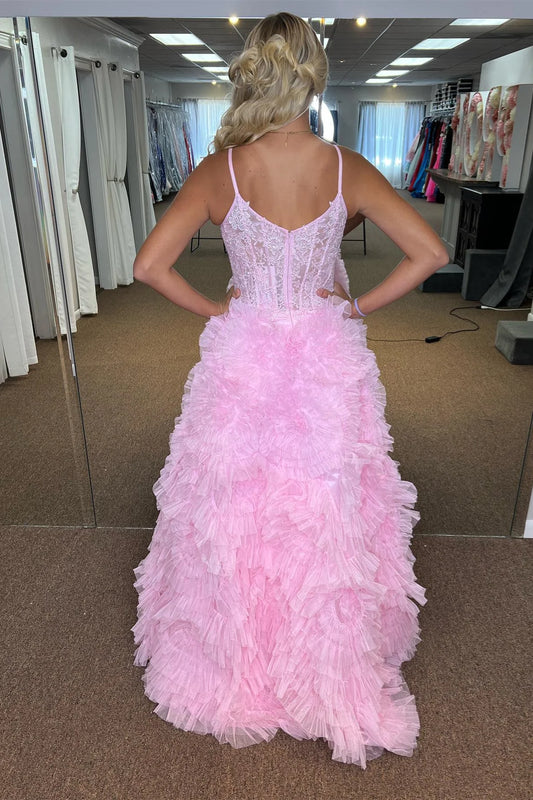 Plunging V-Neck Tulle Pink Evening Prom Dress