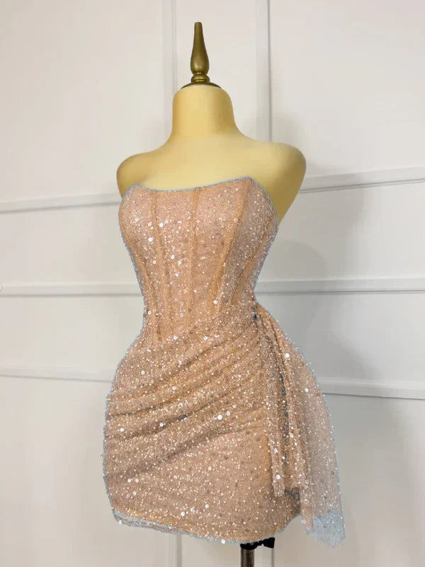 Glitter Strapless Bodycon Homecoming Dresses Pleated Cocktail Dress, LTP3782