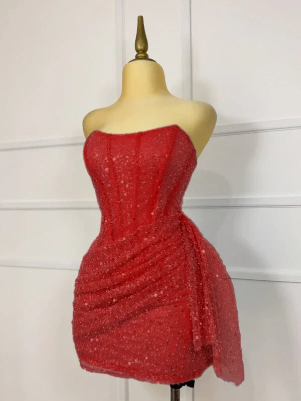 Glitter Strapless Bodycon Homecoming Dresses Pleated Cocktail Dress, LTP3782