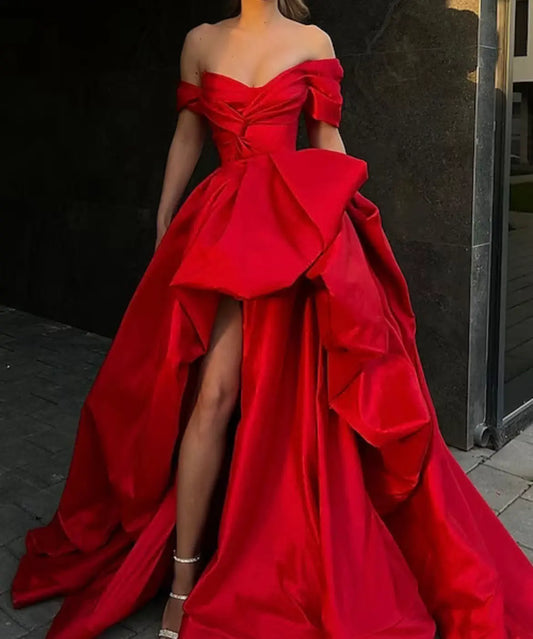 Illusion Red Satin Off The Shoulder Prom Dress With Side Slit