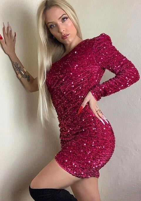 LTP1842,Hot Pink One Shoulder Sequined Mini Homecoming Dress