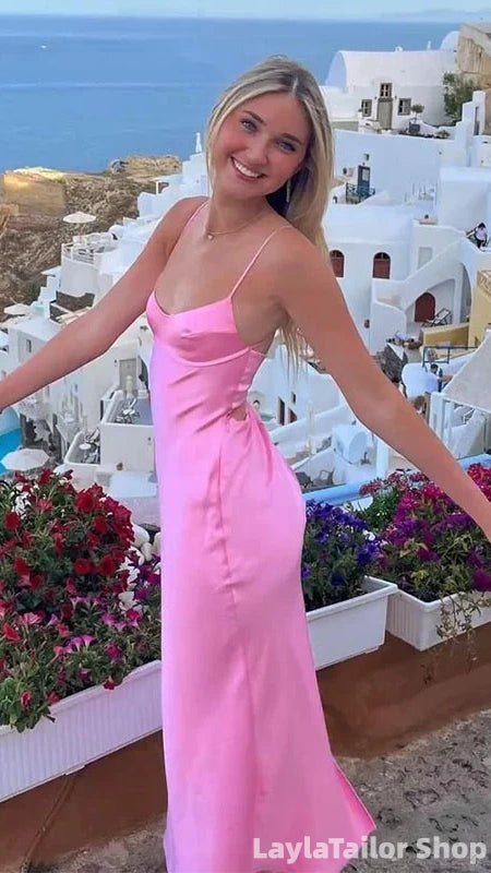 Spaghetti Straps Pink Sheath Long Prom Dress Evening Formal Dresses
