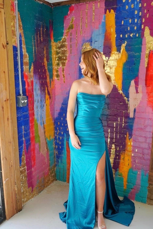 Ruched Teal Blue Satin Mermaid Prom Dress