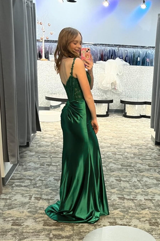 Straps Green Lace and Satin Mermaid Long Dress with Slit