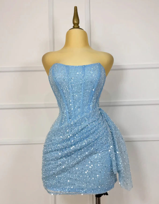 Glitter Strapless Bodycon Homecoming Dresses Pleated Cocktail Dress, LTP3782