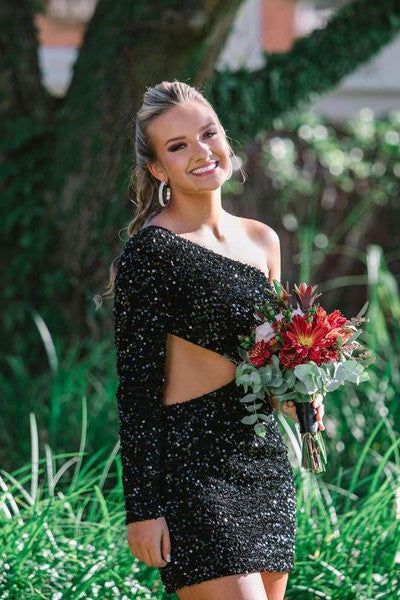 One Sleeves Sequin Mini Tight Homecoming Dress