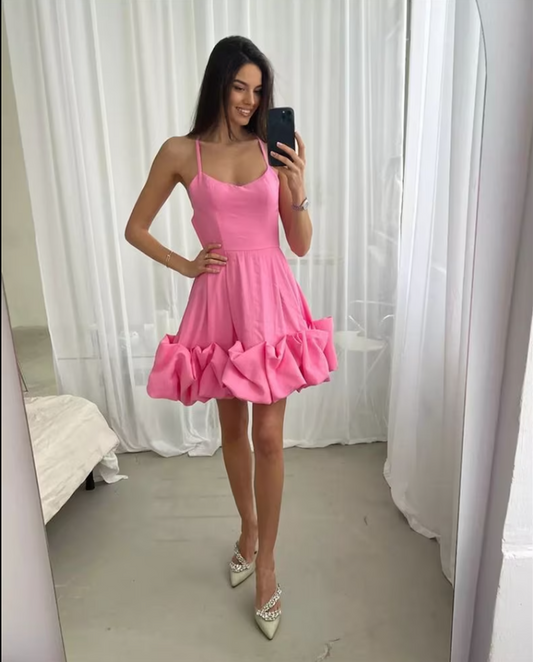 LTP1825,Spaghetti Straps A-Line Cloud Hem Satin Homecoming Dresses