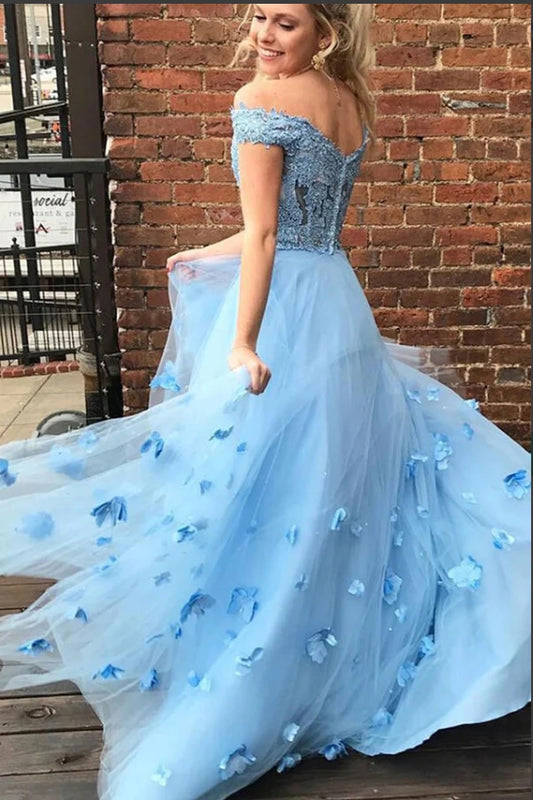 Two Pieces 3D Floral Appliques Off The Shoulder Long Prom Dress