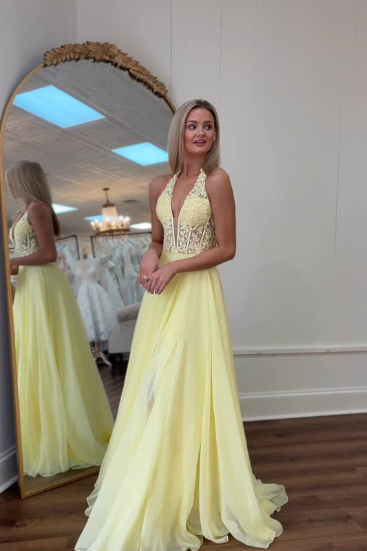 Yellow Halter Lace Applique Illusion Prom Dress