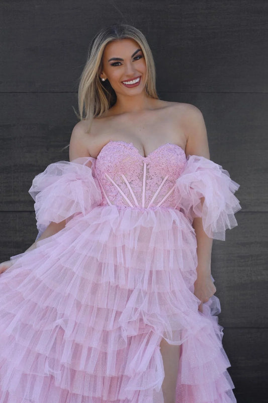 Sweetheart Pink Tulle Ruffles Off The Shoulder Long Prom Dress