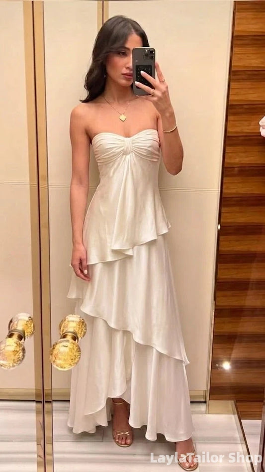 Elegant Soft White Strapless A-line Tiered Prom Dress,Wedding Party Dress