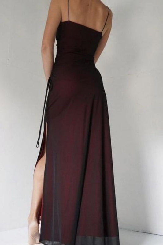 Simple Sheath Spaghetti Straps Burgundy Long Prom Dress with Split Front