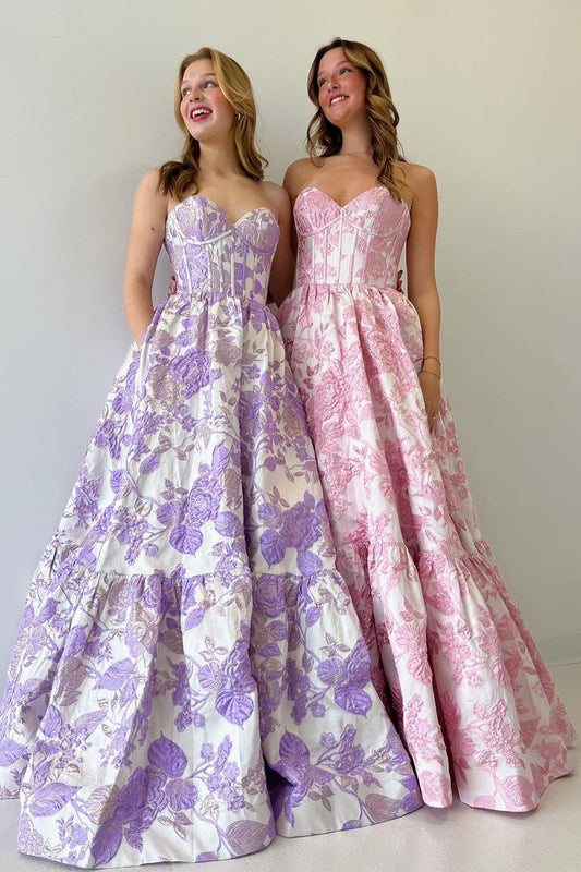 A-Line Sweetheart Floral Printed Long Prom Dresses