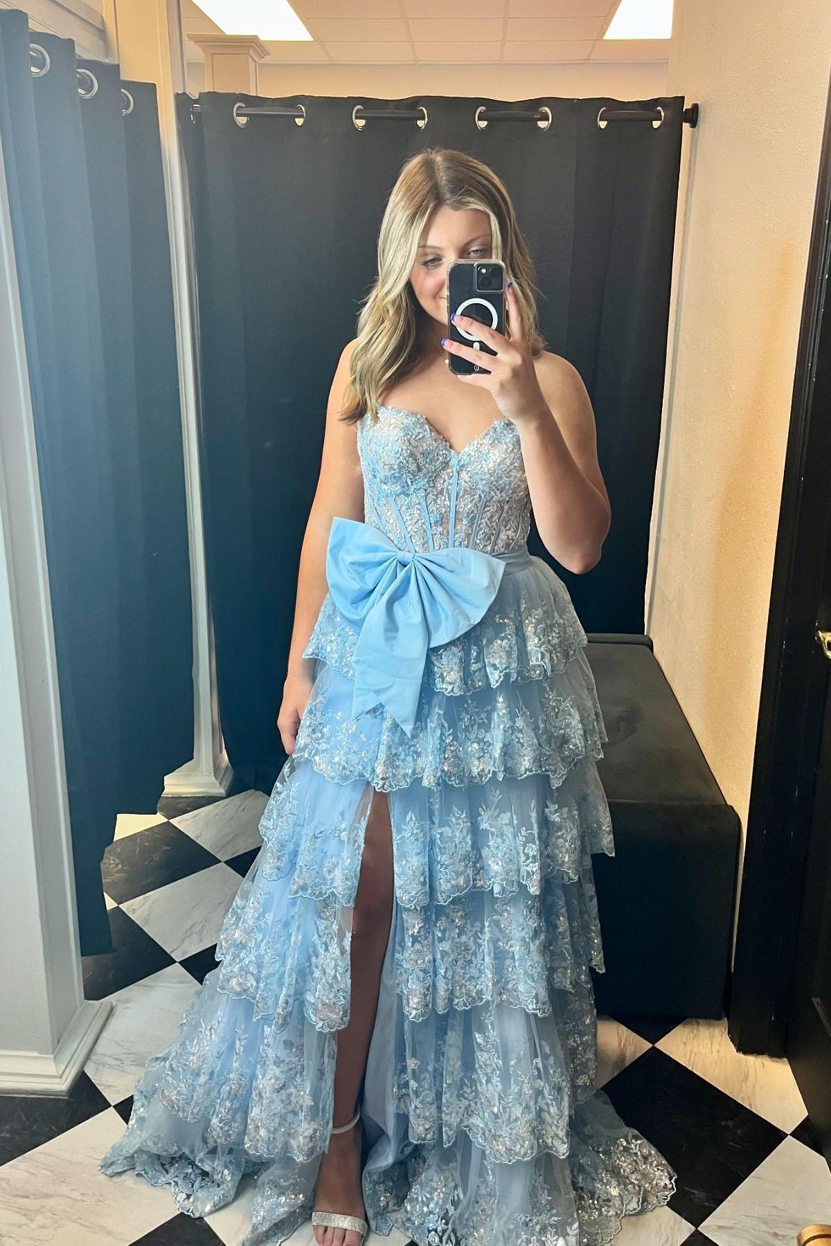 Sweetheart Light Blue Sequin Appliques Ruffle Long Formal Gown
