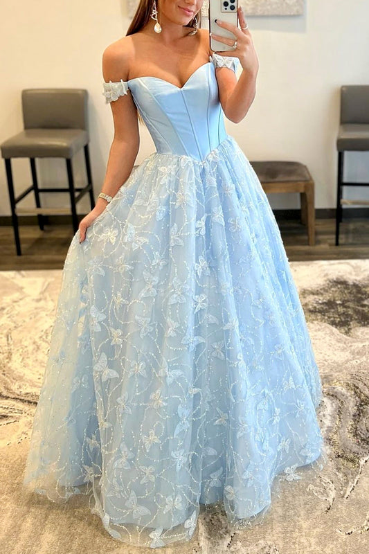 Light Blue Butterflies Ball Gown, Long Prom Dresses