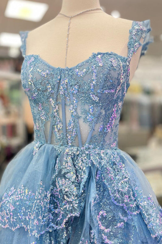 Light Blue Sequin Appliques Tiered Ruffles Prom Gown