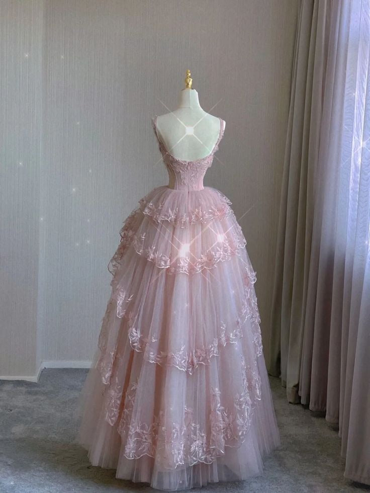 Pink tulle lace long prom dress, pink evening dress