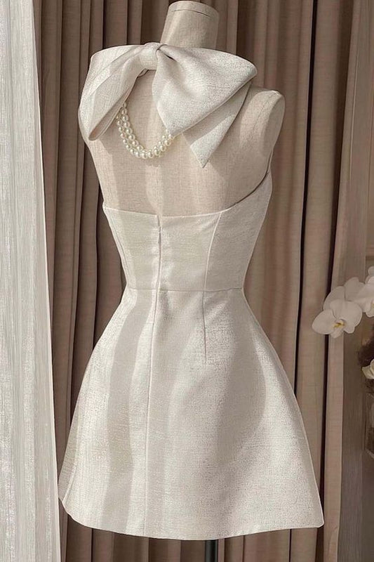Square Neck Halter Sleeveless Satin A-Line Mini Homecoming Dress With Bow