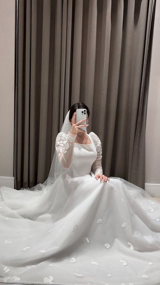 Modest White A-line Long Sleeves Wedding Dress,White Bridal Dress