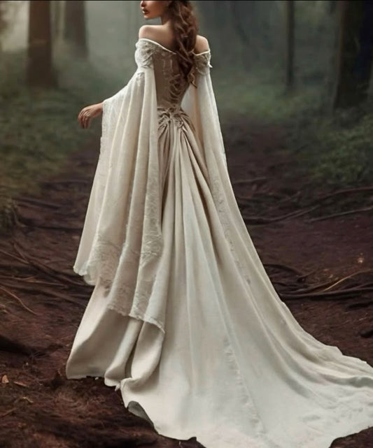 Vintage Off The Shoulder Wedding Dress with Cape Lace Up Lace Applique Bridal Dress