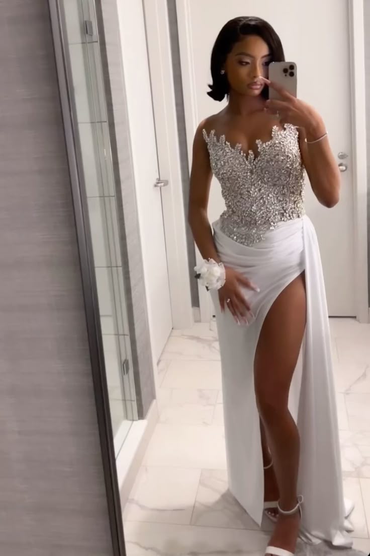 Gorgeous Long White A-line Prom Dress With Slit