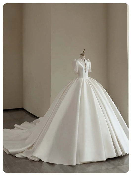 A Line White Deep V Neck Short Sleeves Satin Long Princess Wedding Dress