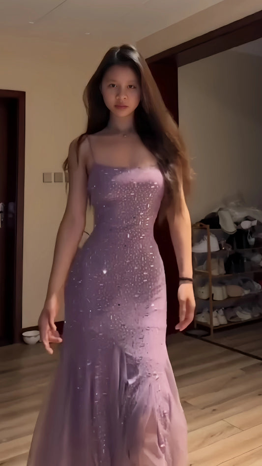 Dusty Rose Sequin Long Prom Dresses Sheath Party Dress,LTP3934