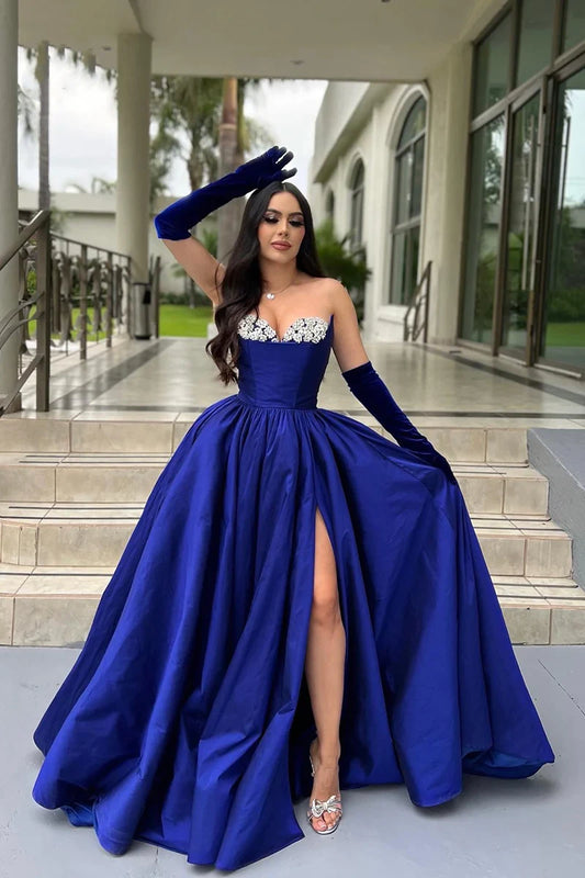 Royal Blue Satin Split A-Line Long Evening Prom Dress