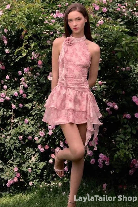 Elegant Pink Floral Halter A-line Short Mini Homecoming Dress
