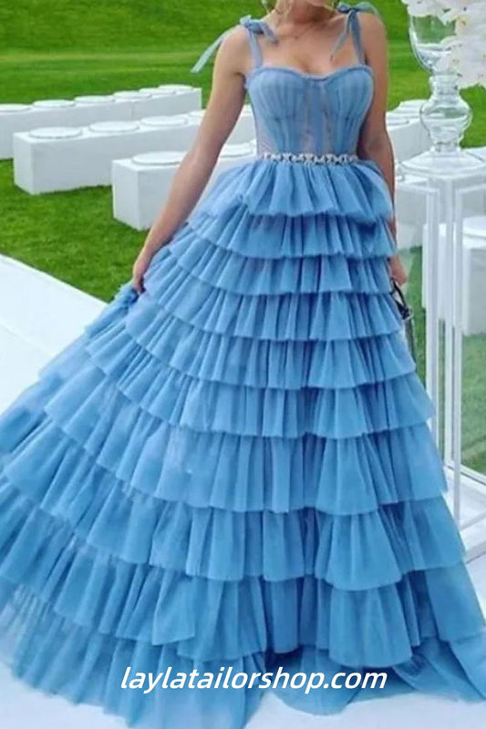 Sky Blue Tulle Ruffles Long Evening Prom Dresses
