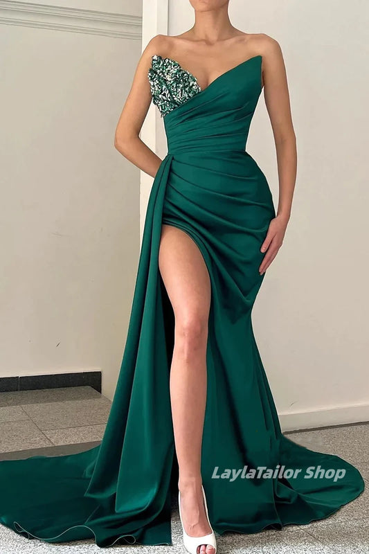 Sexy Prom Dress, V-Neck Pleated Evening Dress, Satin Prom Dress, Slit Prom Dresses 2024