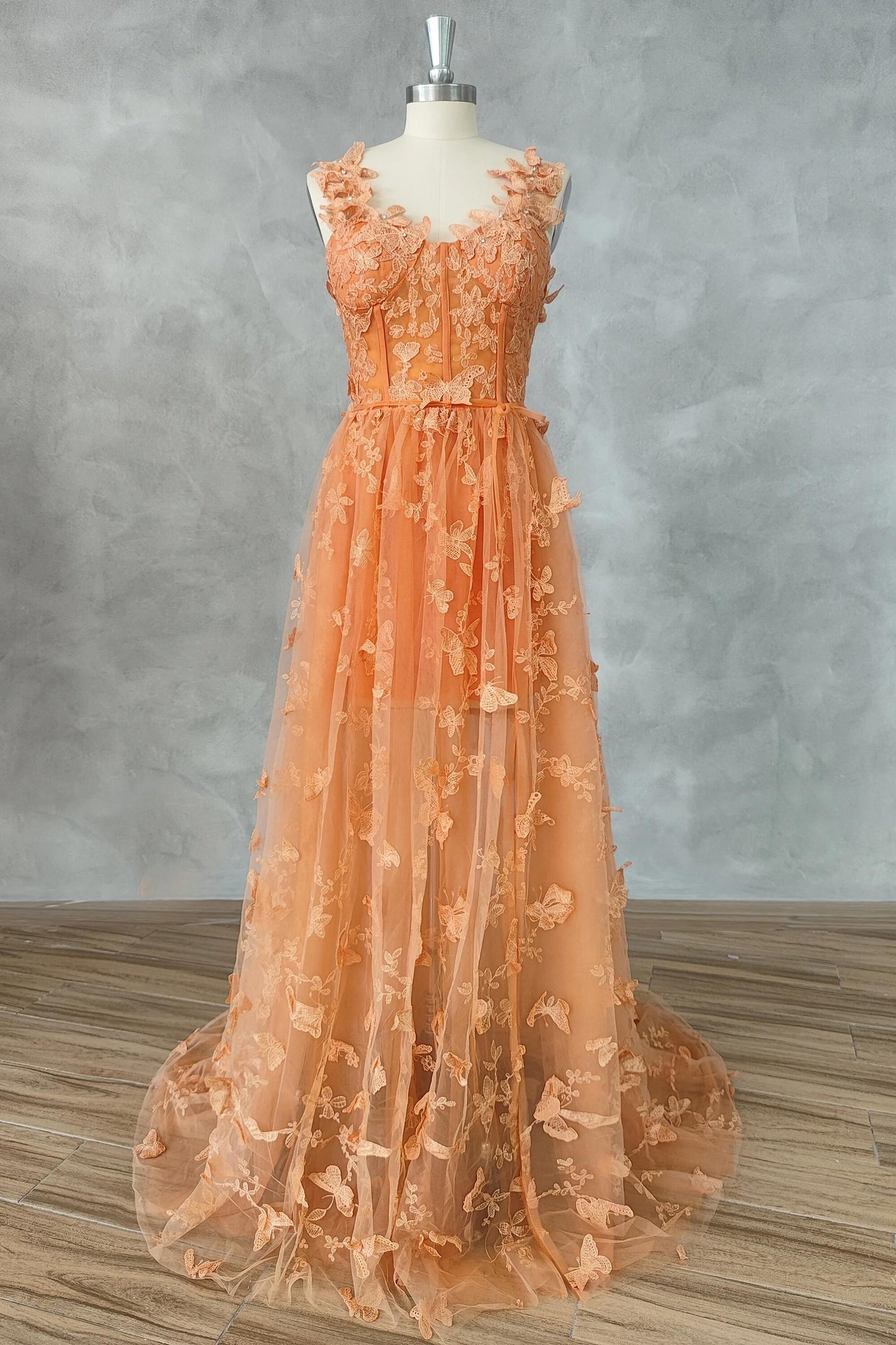 Straps Lilac Butterfly A-line Long Formal Dress
