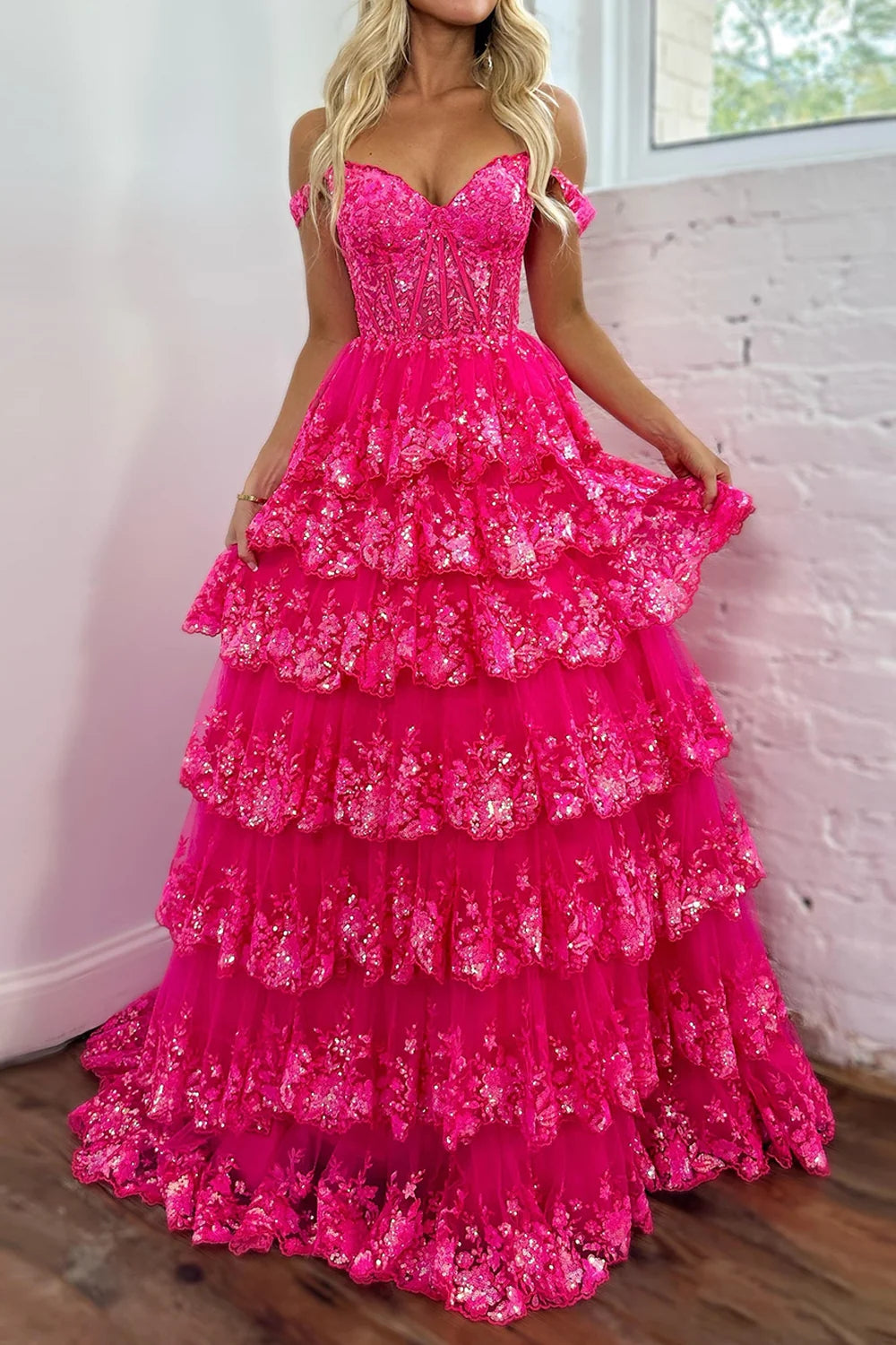 Princess Ball Gown Hot Pink Off the Shoulder Long Prom Dress