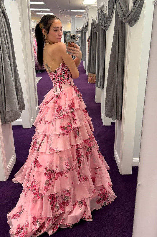 Floral Pink Sweetheart Ruffle A-line Prom Dress with Slit