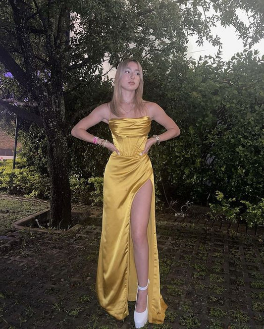 Spaghetti Straps Gold Satin Long Prom Dresses Sheath Party Gown